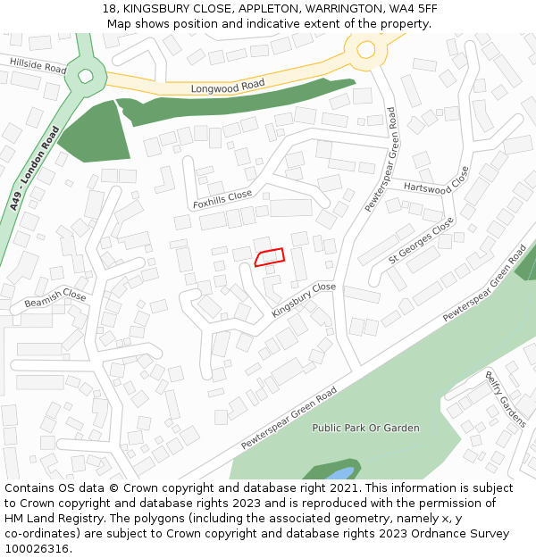 18, KINGSBURY CLOSE, APPLETON, WARRINGTON, WA4 5FF: Location map and indicative extent of plot