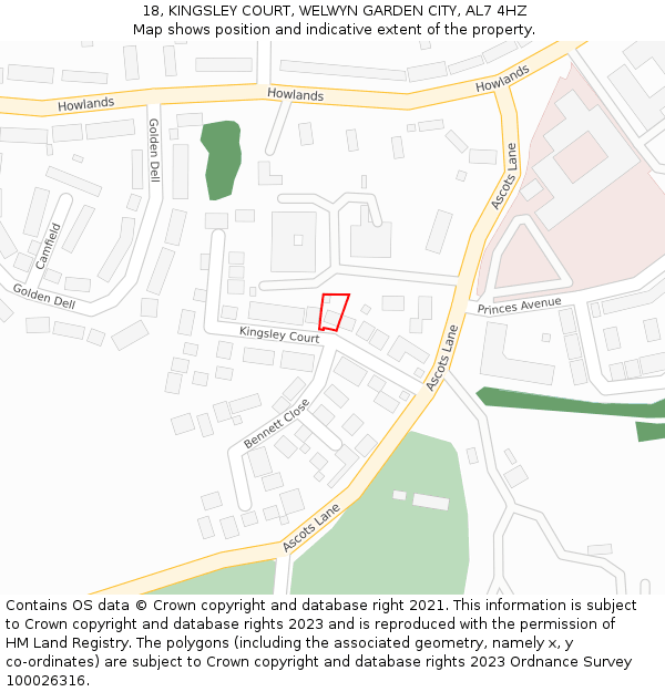 18, KINGSLEY COURT, WELWYN GARDEN CITY, AL7 4HZ: Location map and indicative extent of plot