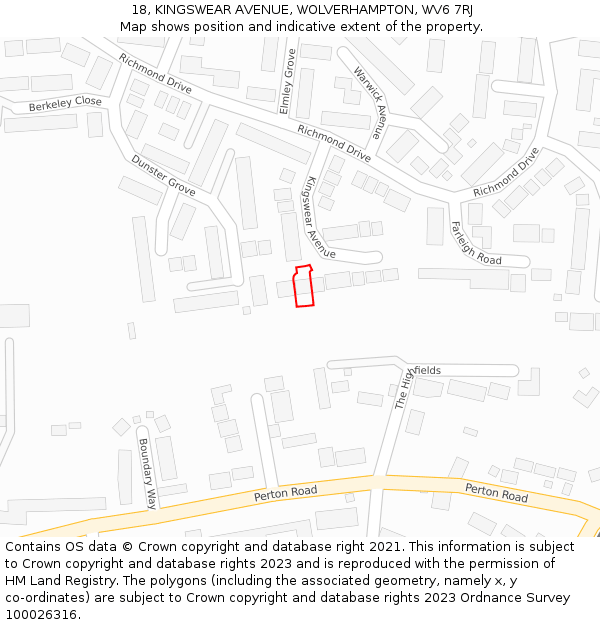 18, KINGSWEAR AVENUE, WOLVERHAMPTON, WV6 7RJ: Location map and indicative extent of plot