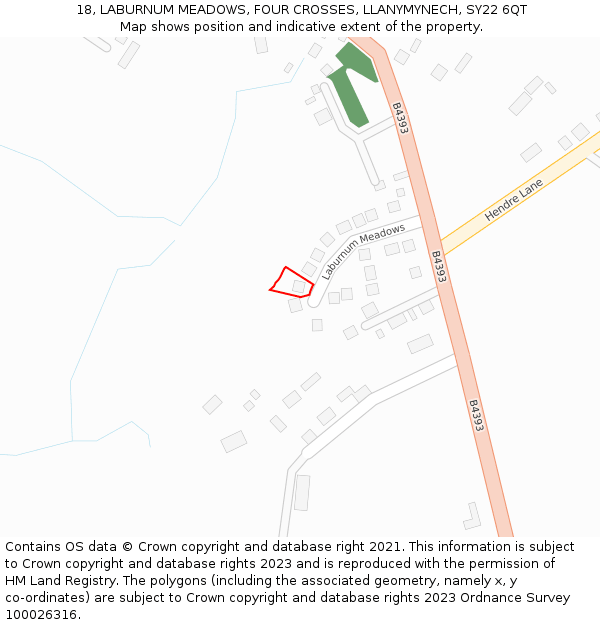 18, LABURNUM MEADOWS, FOUR CROSSES, LLANYMYNECH, SY22 6QT: Location map and indicative extent of plot