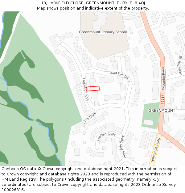 18, LARKFIELD CLOSE, GREENMOUNT, BURY, BL8 4QJ: Location map and indicative extent of plot