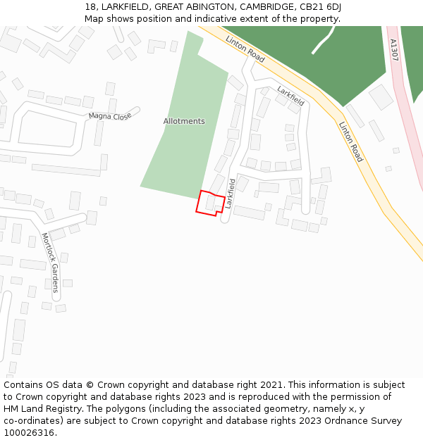 18, LARKFIELD, GREAT ABINGTON, CAMBRIDGE, CB21 6DJ: Location map and indicative extent of plot