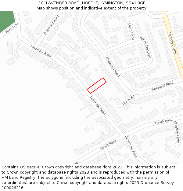 18, LAVENDER ROAD, HORDLE, LYMINGTON, SO41 0GF: Location map and indicative extent of plot