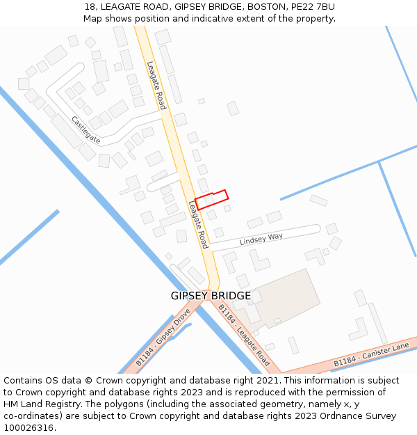 18, LEAGATE ROAD, GIPSEY BRIDGE, BOSTON, PE22 7BU: Location map and indicative extent of plot