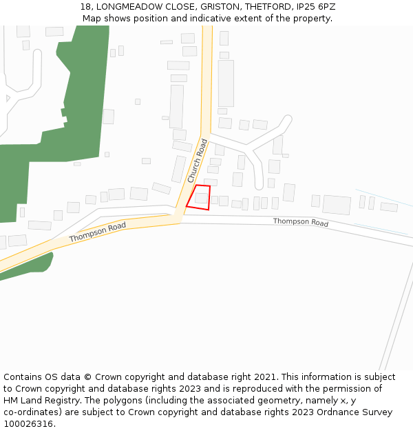 18, LONGMEADOW CLOSE, GRISTON, THETFORD, IP25 6PZ: Location map and indicative extent of plot