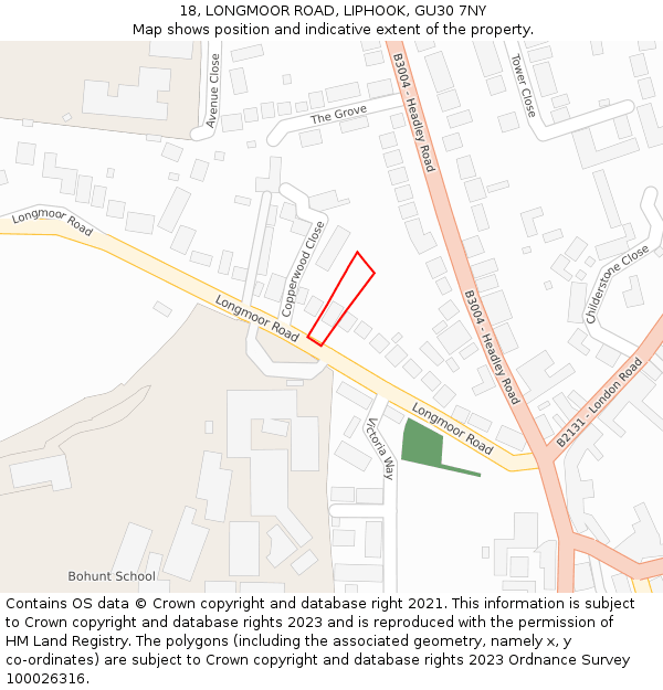 18, LONGMOOR ROAD, LIPHOOK, GU30 7NY: Location map and indicative extent of plot