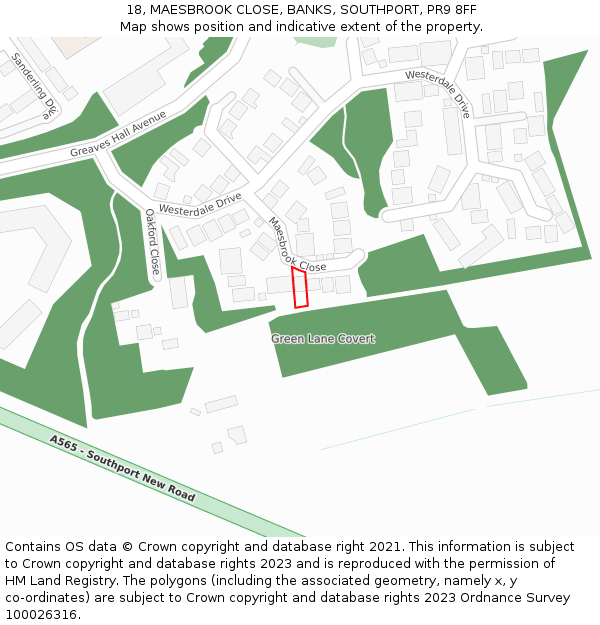 18, MAESBROOK CLOSE, BANKS, SOUTHPORT, PR9 8FF: Location map and indicative extent of plot