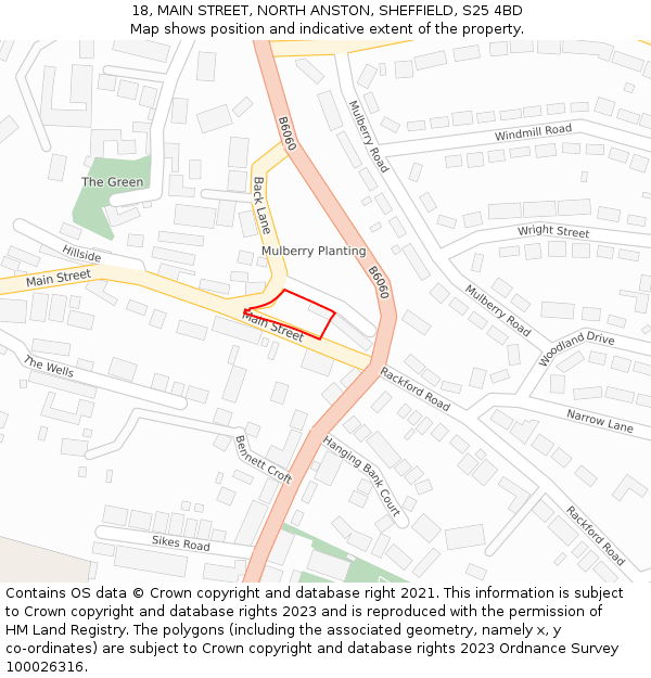 18, MAIN STREET, NORTH ANSTON, SHEFFIELD, S25 4BD: Location map and indicative extent of plot