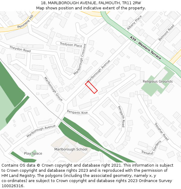 18, MARLBOROUGH AVENUE, FALMOUTH, TR11 2RW: Location map and indicative extent of plot