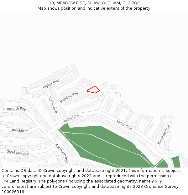 18, MEADOW RISE, SHAW, OLDHAM, OL2 7QG: Location map and indicative extent of plot