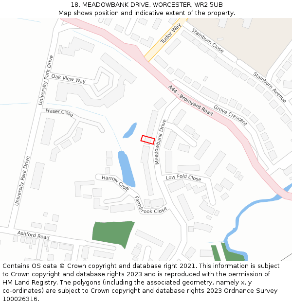 18, MEADOWBANK DRIVE, WORCESTER, WR2 5UB: Location map and indicative extent of plot