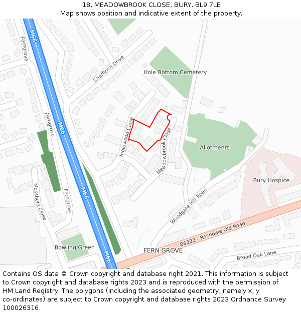 18, MEADOWBROOK CLOSE, BURY, BL9 7LE: Location map and indicative extent of plot