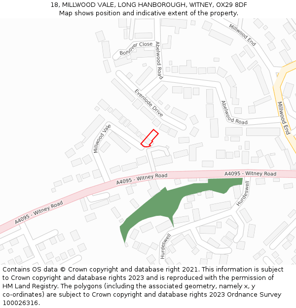 18, MILLWOOD VALE, LONG HANBOROUGH, WITNEY, OX29 8DF: Location map and indicative extent of plot