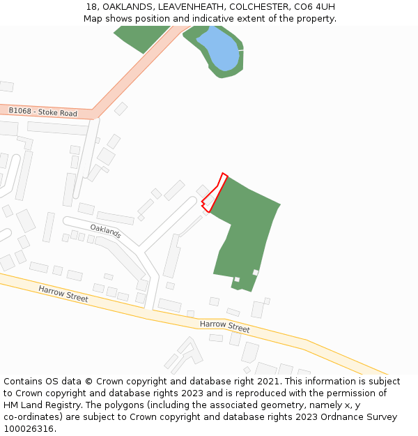 18, OAKLANDS, LEAVENHEATH, COLCHESTER, CO6 4UH: Location map and indicative extent of plot