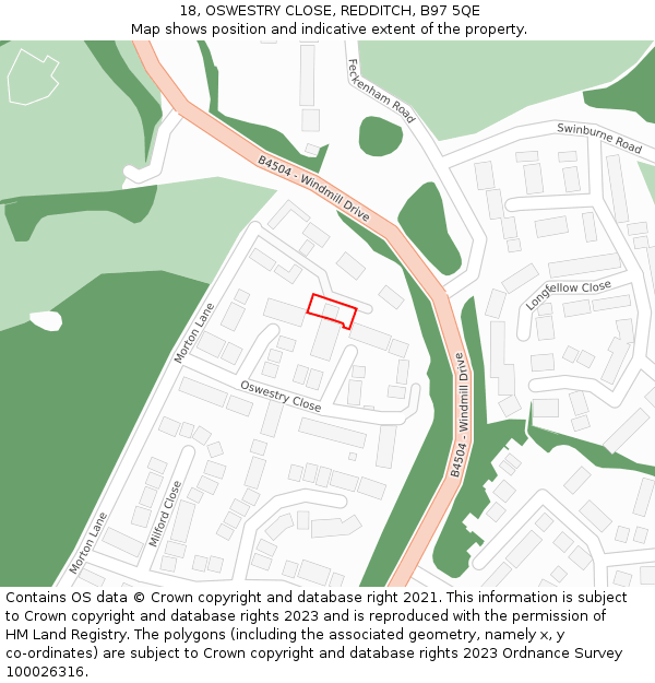 18, OSWESTRY CLOSE, REDDITCH, B97 5QE: Location map and indicative extent of plot