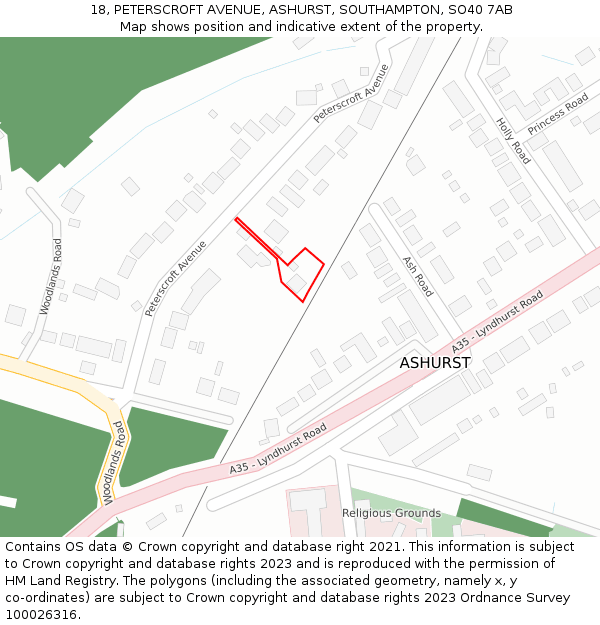 18, PETERSCROFT AVENUE, ASHURST, SOUTHAMPTON, SO40 7AB: Location map and indicative extent of plot