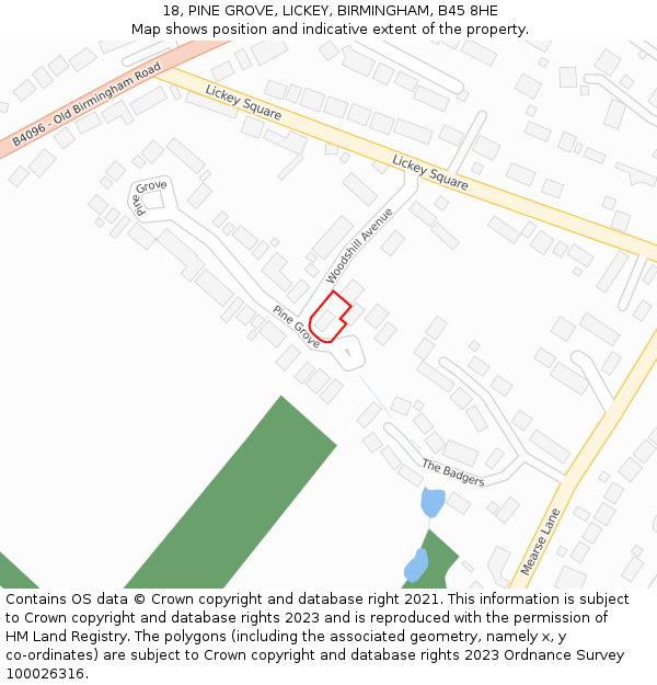 18, PINE GROVE, LICKEY, BIRMINGHAM, B45 8HE: Location map and indicative extent of plot