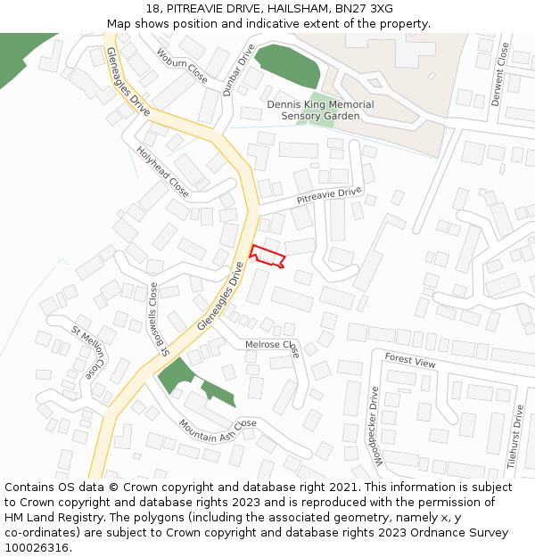 18, PITREAVIE DRIVE, HAILSHAM, BN27 3XG: Location map and indicative extent of plot