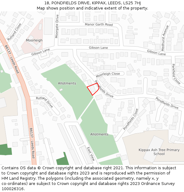 18, PONDFIELDS DRIVE, KIPPAX, LEEDS, LS25 7HJ: Location map and indicative extent of plot