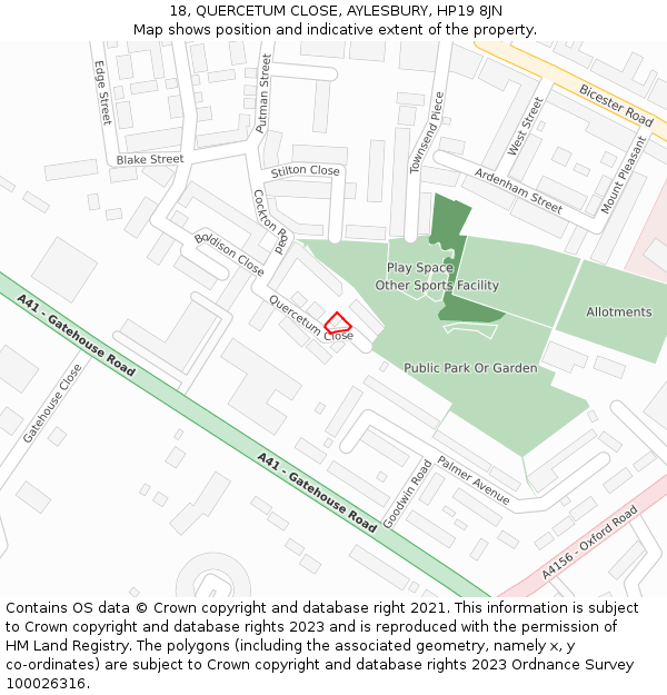 18, QUERCETUM CLOSE, AYLESBURY, HP19 8JN: Location map and indicative extent of plot