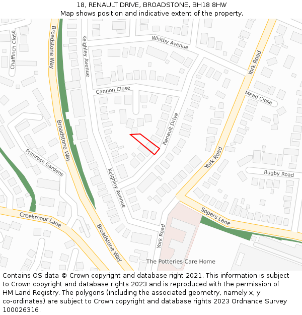 18, RENAULT DRIVE, BROADSTONE, BH18 8HW: Location map and indicative extent of plot