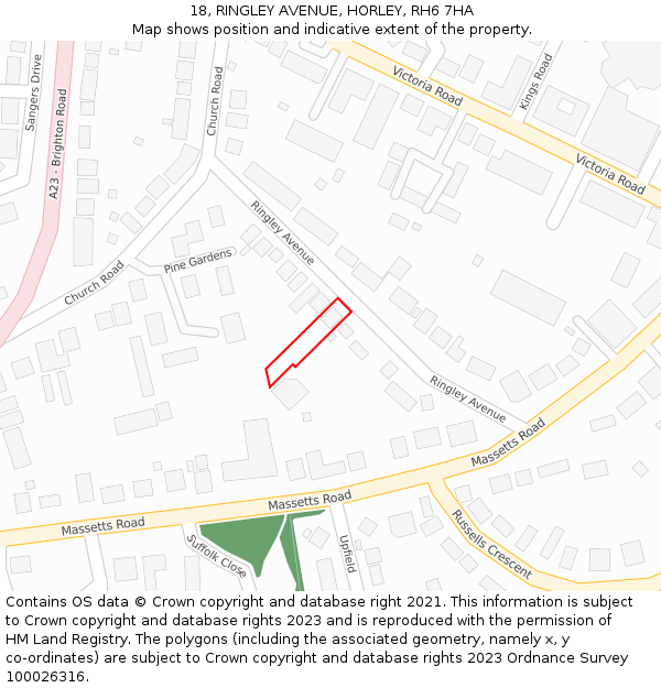 18, RINGLEY AVENUE, HORLEY, RH6 7HA: Location map and indicative extent of plot