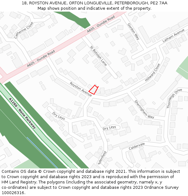 18, ROYSTON AVENUE, ORTON LONGUEVILLE, PETERBOROUGH, PE2 7AA: Location map and indicative extent of plot