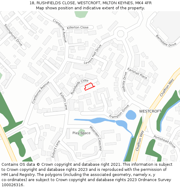 18, RUSHFIELDS CLOSE, WESTCROFT, MILTON KEYNES, MK4 4FR: Location map and indicative extent of plot