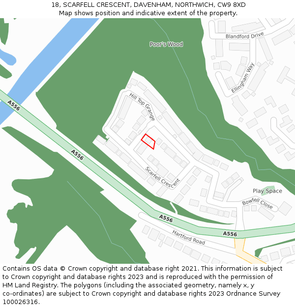 18, SCARFELL CRESCENT, DAVENHAM, NORTHWICH, CW9 8XD: Location map and indicative extent of plot