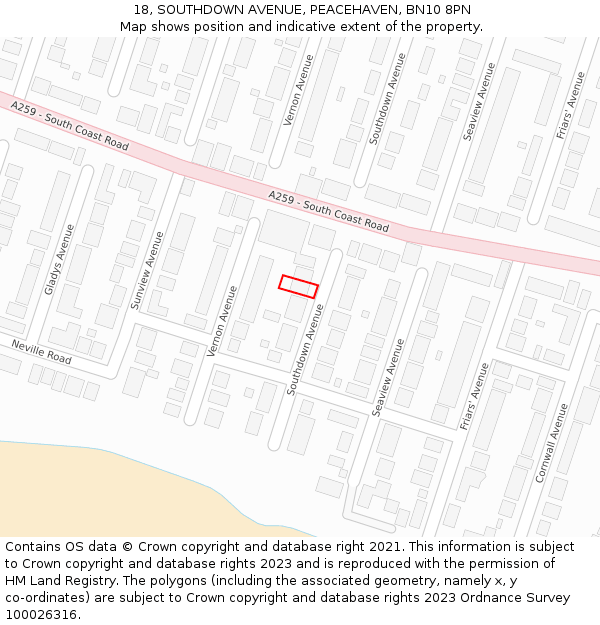 18, SOUTHDOWN AVENUE, PEACEHAVEN, BN10 8PN: Location map and indicative extent of plot