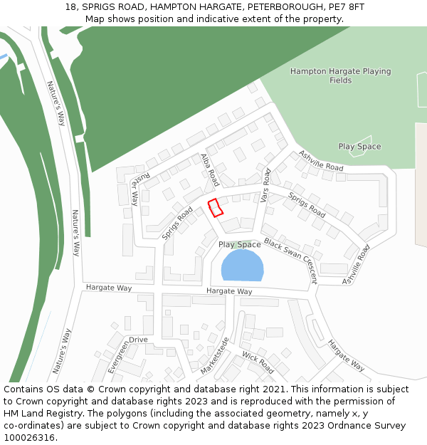 18, SPRIGS ROAD, HAMPTON HARGATE, PETERBOROUGH, PE7 8FT: Location map and indicative extent of plot