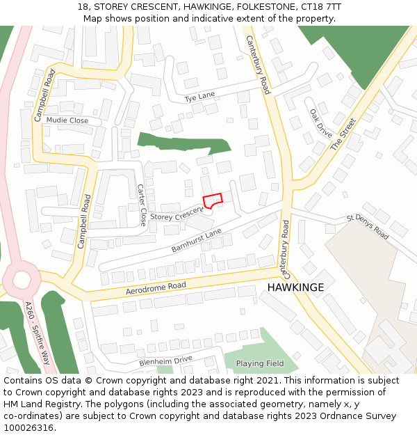 18, STOREY CRESCENT, HAWKINGE, FOLKESTONE, CT18 7TT: Location map and indicative extent of plot