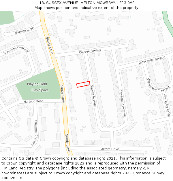 18, SUSSEX AVENUE, MELTON MOWBRAY, LE13 0AP: Location map and indicative extent of plot