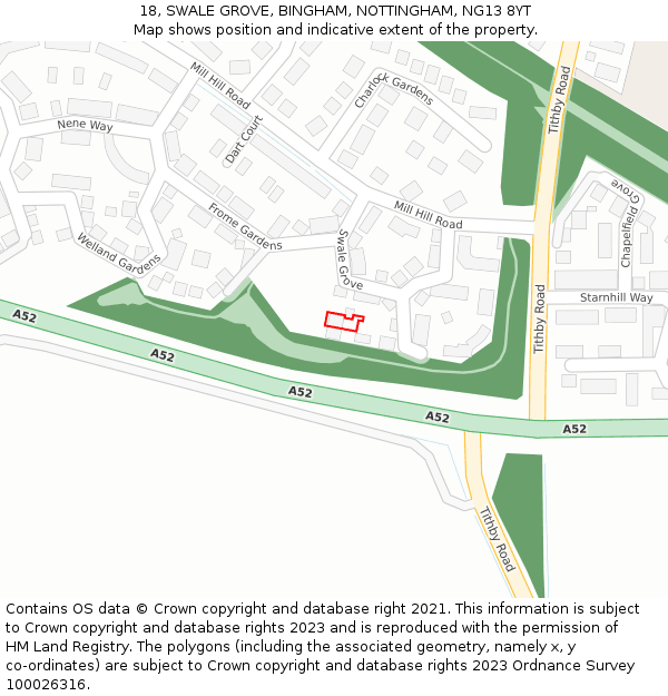 18, SWALE GROVE, BINGHAM, NOTTINGHAM, NG13 8YT: Location map and indicative extent of plot