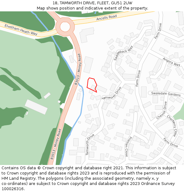 18, TAMWORTH DRIVE, FLEET, GU51 2UW: Location map and indicative extent of plot