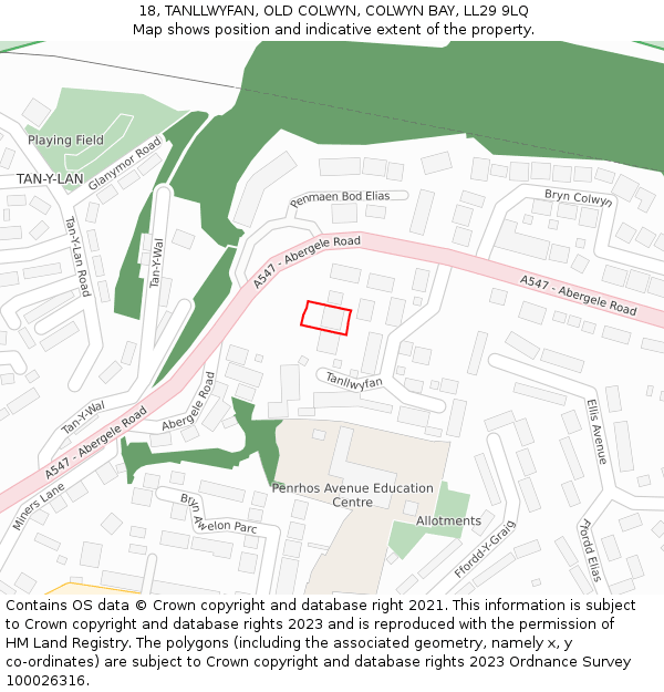 18, TANLLWYFAN, OLD COLWYN, COLWYN BAY, LL29 9LQ: Location map and indicative extent of plot