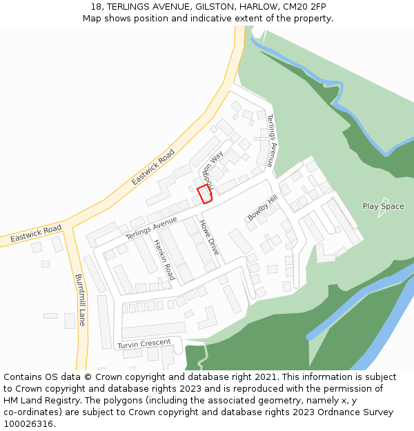 18, TERLINGS AVENUE, GILSTON, HARLOW, CM20 2FP: Location map and indicative extent of plot