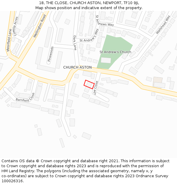 18, THE CLOSE, CHURCH ASTON, NEWPORT, TF10 9JL: Location map and indicative extent of plot