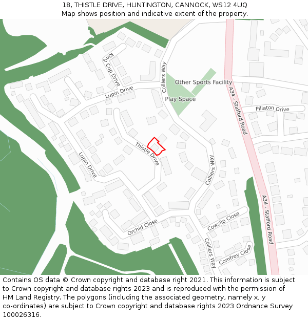 18, THISTLE DRIVE, HUNTINGTON, CANNOCK, WS12 4UQ: Location map and indicative extent of plot