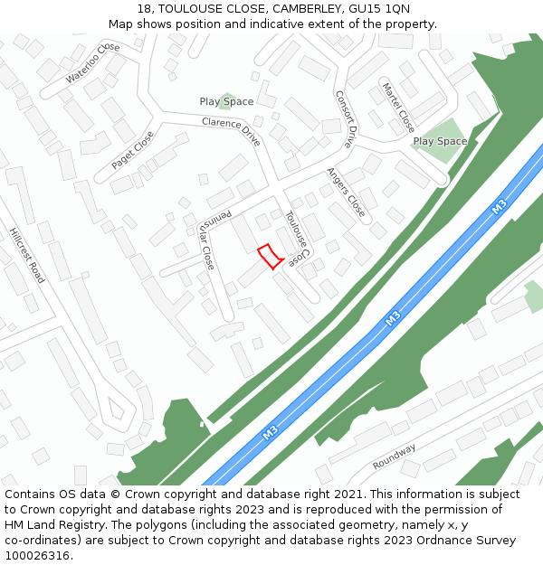 18, TOULOUSE CLOSE, CAMBERLEY, GU15 1QN: Location map and indicative extent of plot