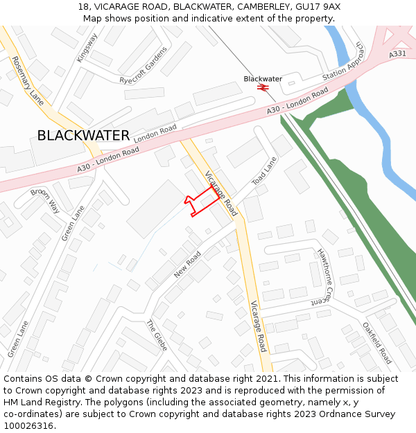 18, VICARAGE ROAD, BLACKWATER, CAMBERLEY, GU17 9AX: Location map and indicative extent of plot