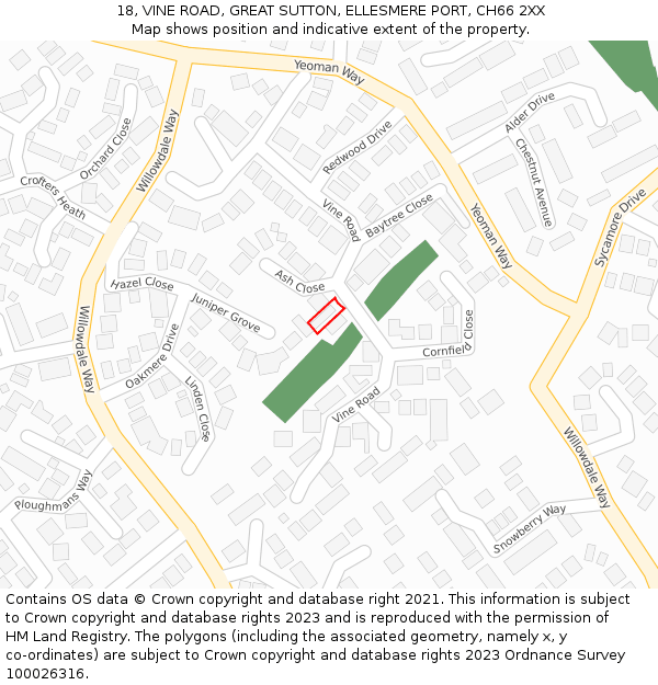 18, VINE ROAD, GREAT SUTTON, ELLESMERE PORT, CH66 2XX: Location map and indicative extent of plot