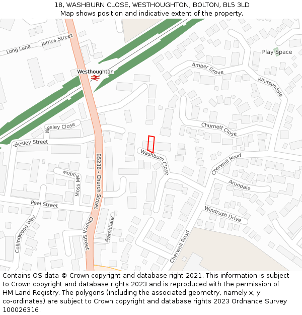 18, WASHBURN CLOSE, WESTHOUGHTON, BOLTON, BL5 3LD: Location map and indicative extent of plot