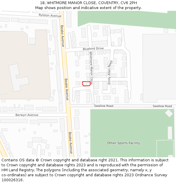 18, WHITMORE MANOR CLOSE, COVENTRY, CV6 2PH: Location map and indicative extent of plot