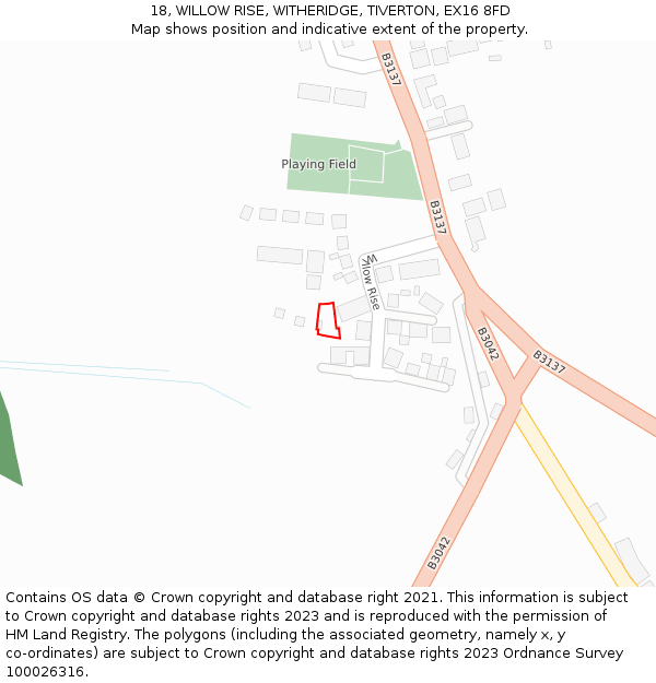 18, WILLOW RISE, WITHERIDGE, TIVERTON, EX16 8FD: Location map and indicative extent of plot