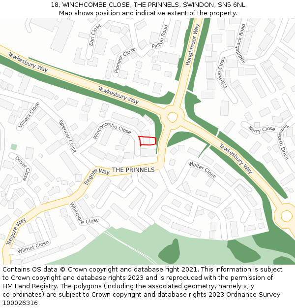 18, WINCHCOMBE CLOSE, THE PRINNELS, SWINDON, SN5 6NL: Location map and indicative extent of plot