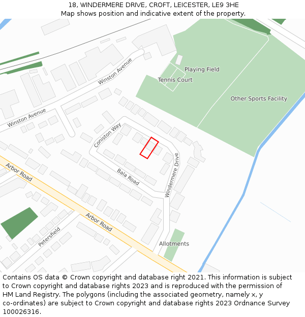 18, WINDERMERE DRIVE, CROFT, LEICESTER, LE9 3HE: Location map and indicative extent of plot