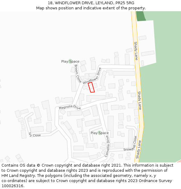 18, WINDFLOWER DRIVE, LEYLAND, PR25 5RG: Location map and indicative extent of plot