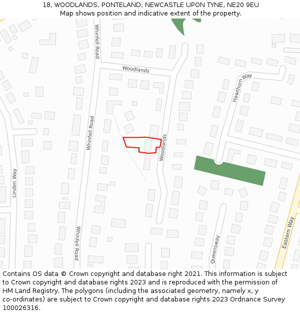 18, WOODLANDS, PONTELAND, NEWCASTLE UPON TYNE, NE20 9EU: Location map and indicative extent of plot