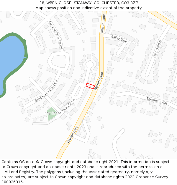 18, WREN CLOSE, STANWAY, COLCHESTER, CO3 8ZB: Location map and indicative extent of plot